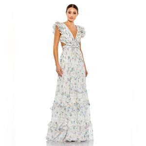 Mac Duggal 68077 White Multi Ruffled Cut Out Flowy Maxi Dress Chiffon Sz 12 NWT